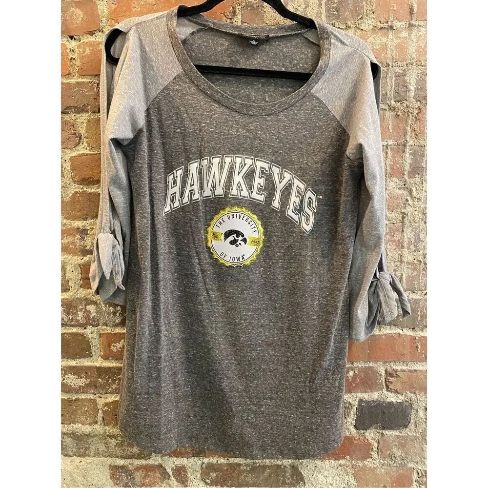 IOWA HAWKEYES Gold Glitter, Gray Cut-out Baseball 3/4 Sleeve T-Shirt Gameday Cou